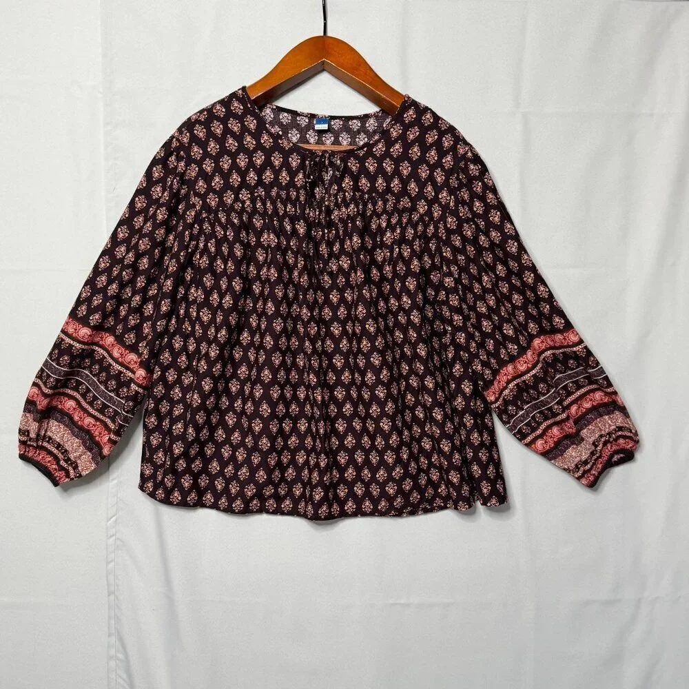 Old Navy Long Ballon Sleeve Smocked Brown Printed Poet Peasant Blouse Size Large